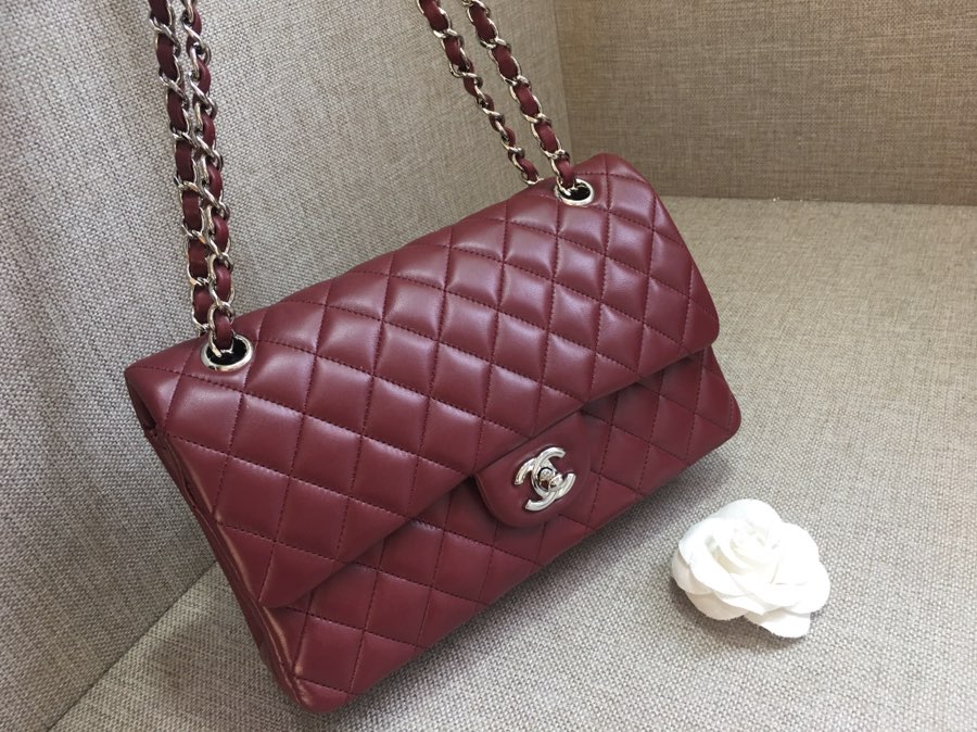 Medium Classic Flap Lambskin Bag AO1112 Dark Red/Silver